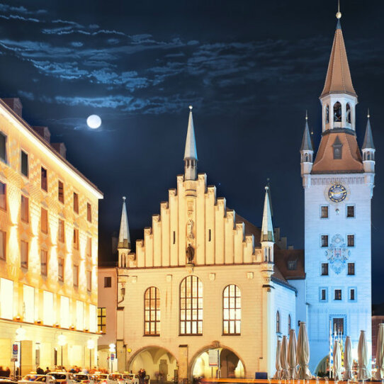 View of town tower and church at Marienplatz at night Munich