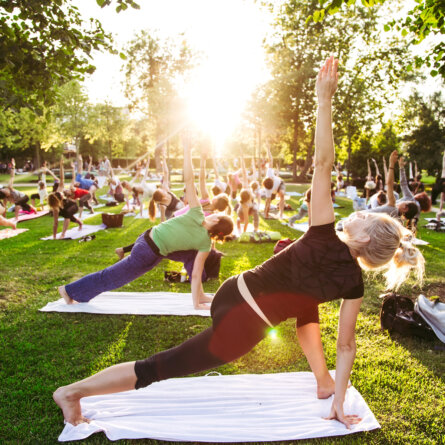 big group of adults attending a yoga class outside in park