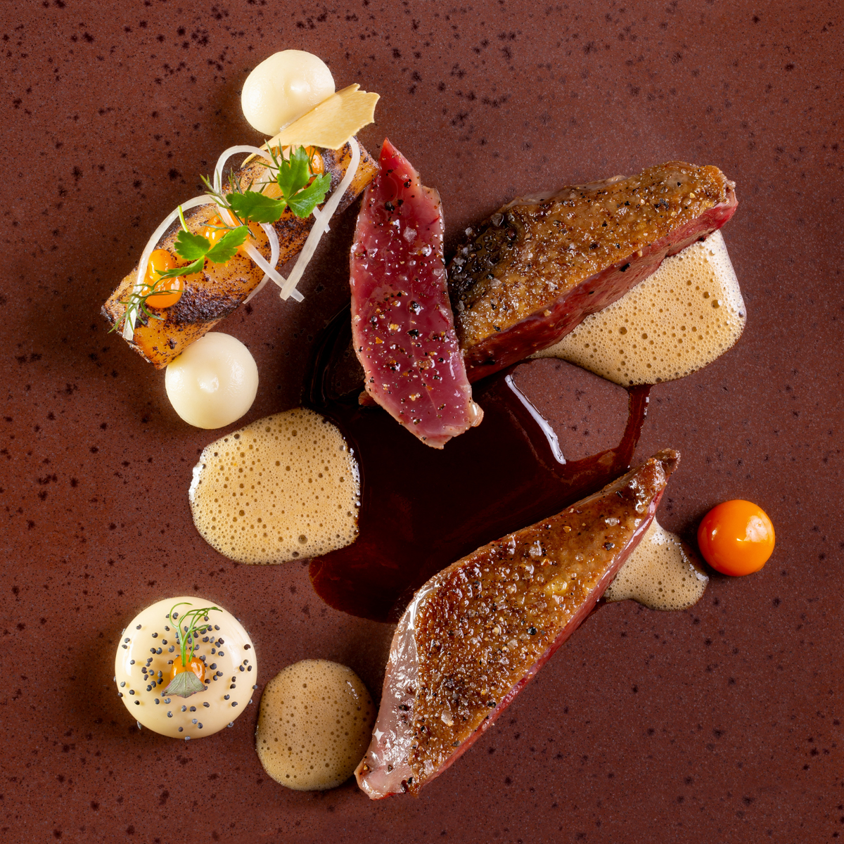 Atelier_Taube auf der Karkasse gegrillt_ Ziegenvacharin, Sanddorn, Miso, Schwarzwurzel & Mohn_©DanielSchvarcz