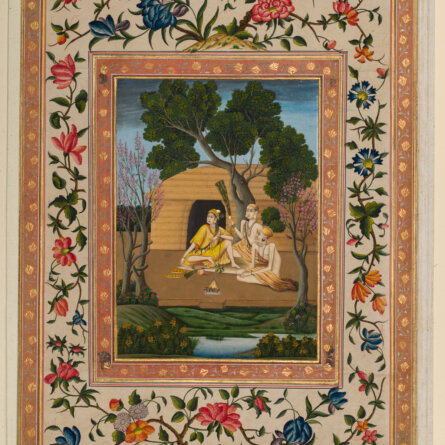 Asketin mit zwei Yogis vor ihrer Hütte, signiert Mihr Tschand