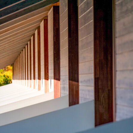 Window front of the Benesse House Beach Hotel on the island of Naoshima in Japan.