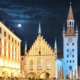 View of town tower and church at Marienplatz at night Munich