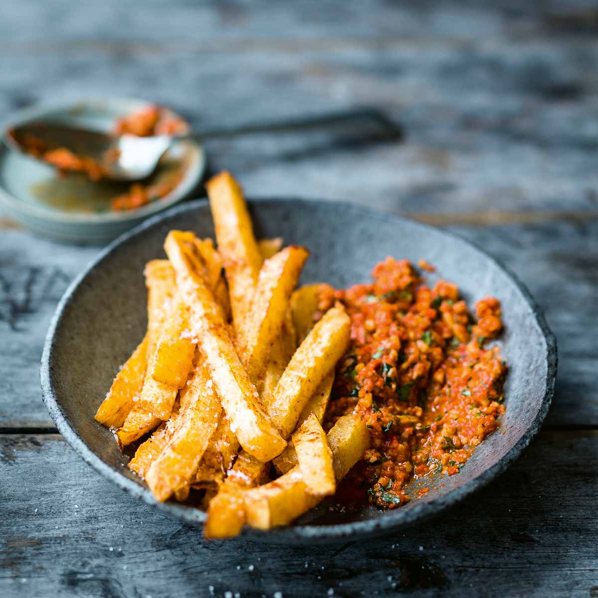 Rezept Steckrüben-Pommes mit Paprika-Mandel Dip von Anne-Kathrin Weber ...