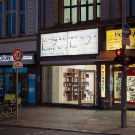 David Horvitz, becoming a unicorn using a banana as a horn, Installation view at ChertLüdde, Berlin, 2022, Photo by Andrea Rossetti