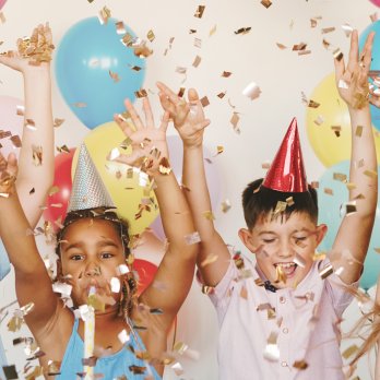 Bright,,Cute,Children,Celebrate,A,Birthday.,Multinational,Party,,Balloons,,Confetti,
